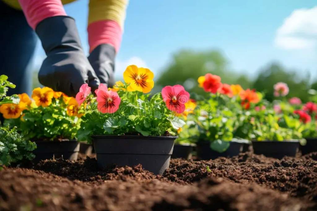 A person kneels in a vibrant garden, planting colorful flowers in rich soil