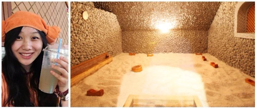 A steaming hot tub in a Korean bathhouse, surrounded by sleek tiles and shower stalls