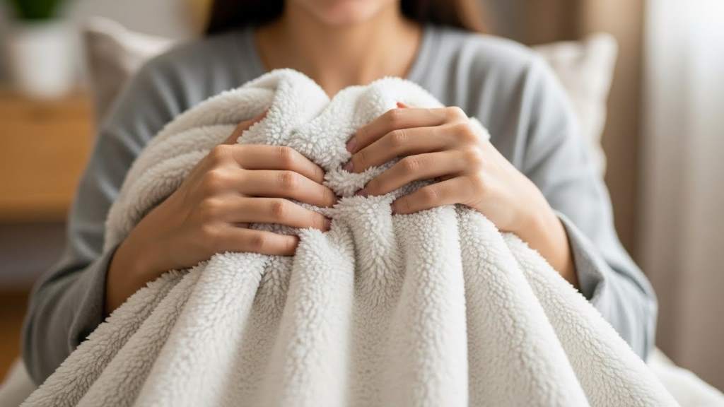 Person holding soft blanket for tactile relaxation