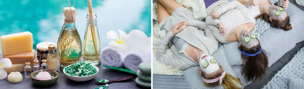 Relaxing setup with essential oils, towels, and soothing lighting for an evening routine