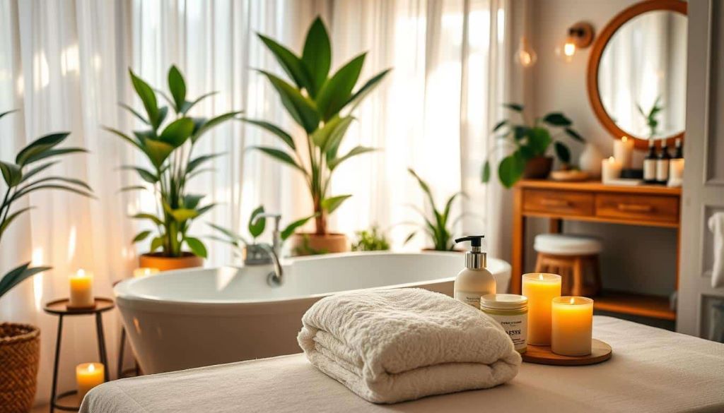 Home spa maintenance scene with organized skincare items and soothing atmosphere in Florida