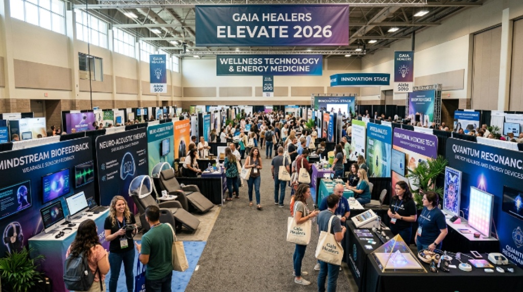 Exhibit hall at Gaia Healers Elevate 2026 featuring wellness technology brands and energy medicine innovators