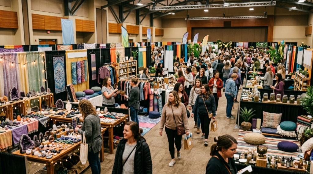 Visitors exploring holistic health vendors at the Sioux Falls Mind Body Spirit Expo 2026 inside Denny Sanford Premier Center