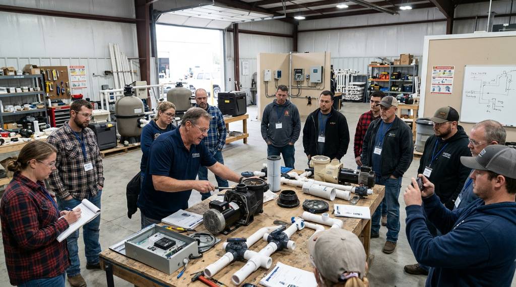 Instructor teaching a hands-on pool equipment class to industry attendees