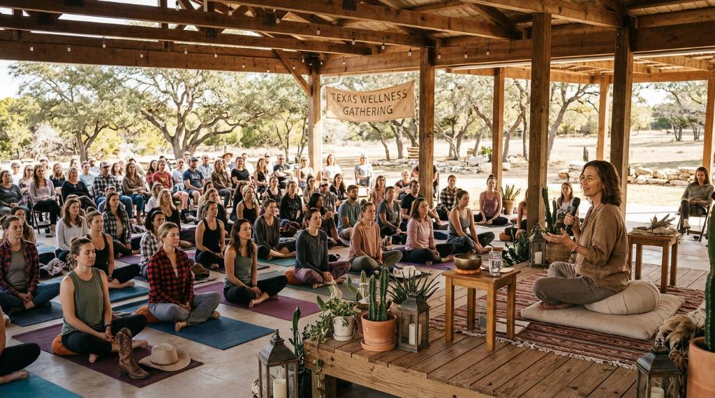 Speaker leading a meditation lecture for a seated audience at a Texas wellness event