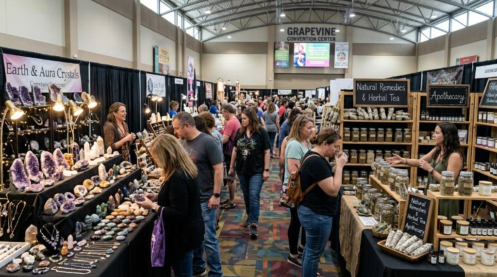 Visitors browsing crystal and herbal booths inside the Grapevine Convention Center